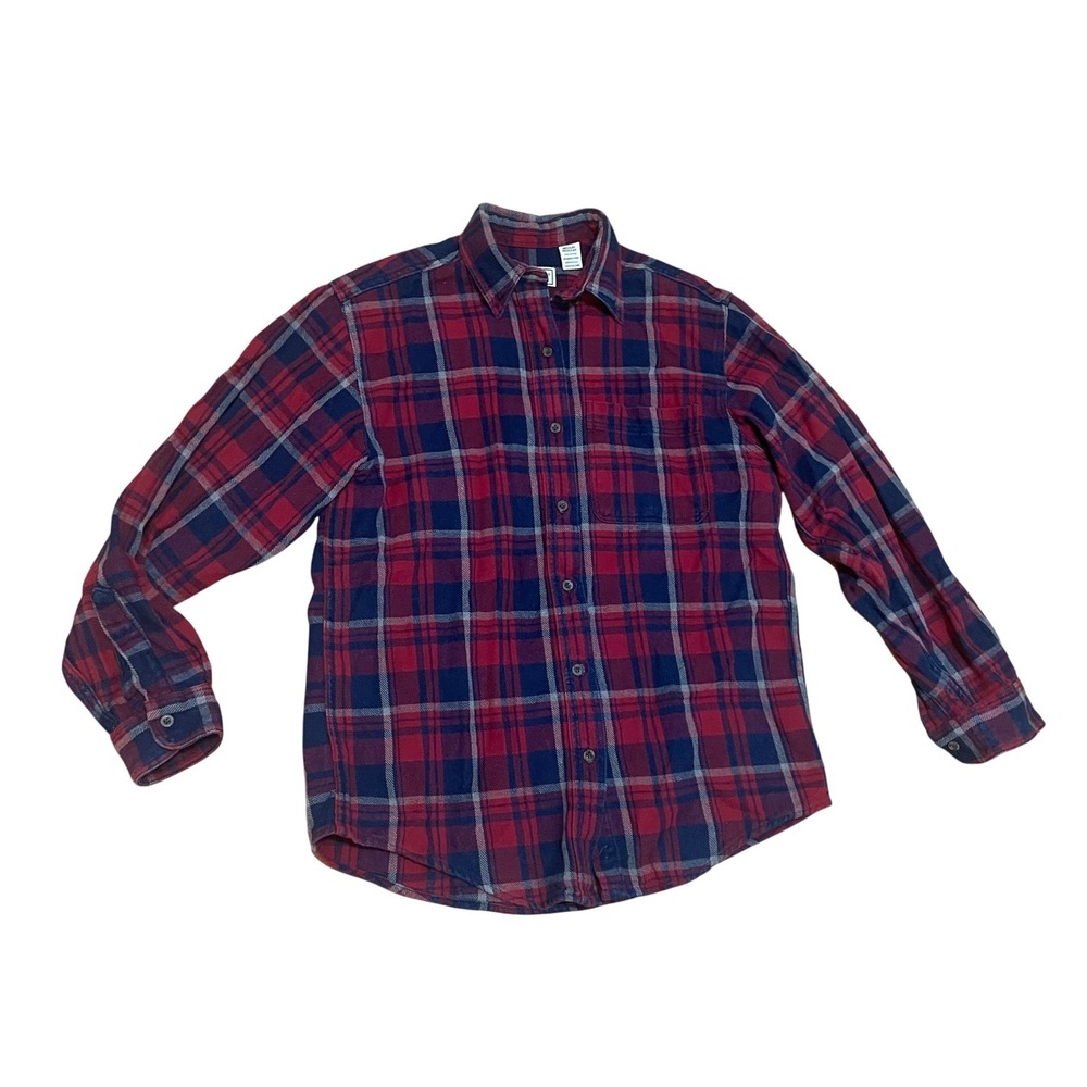 VTG LL Bean Flannel Shirt Women's Medium Red Navy Plaid Cotton Button Down USA